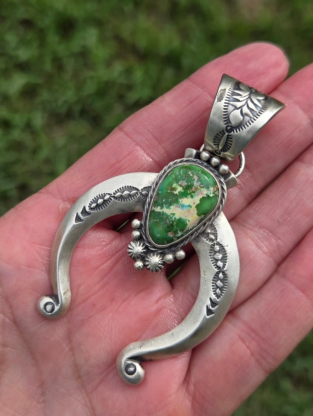 Beautiful Sterling Sonoran Turquoise Navajo Made Naja Pendant - Picture 2 of 9